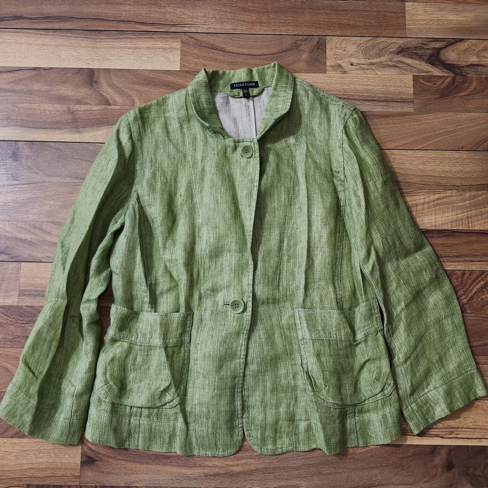 Eileen Fisher Sz Small Simply Green 100% Linen Artsy Two Button Art-to-Wear
